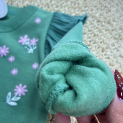 Conj. Casaco Floral de Moletom com Babadinhos e Calça Ribana Flare - Verde